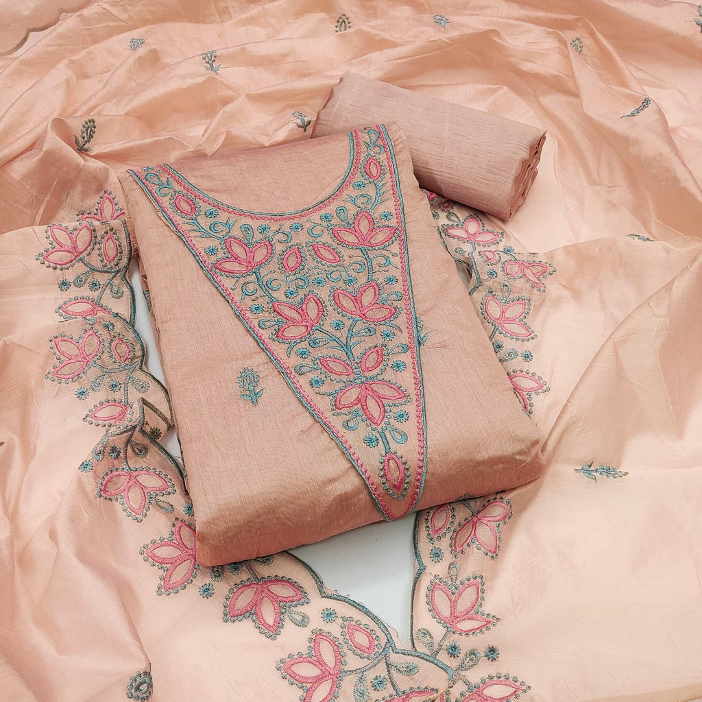 Light Peach Floral Embroidered Chanderi Dress Material