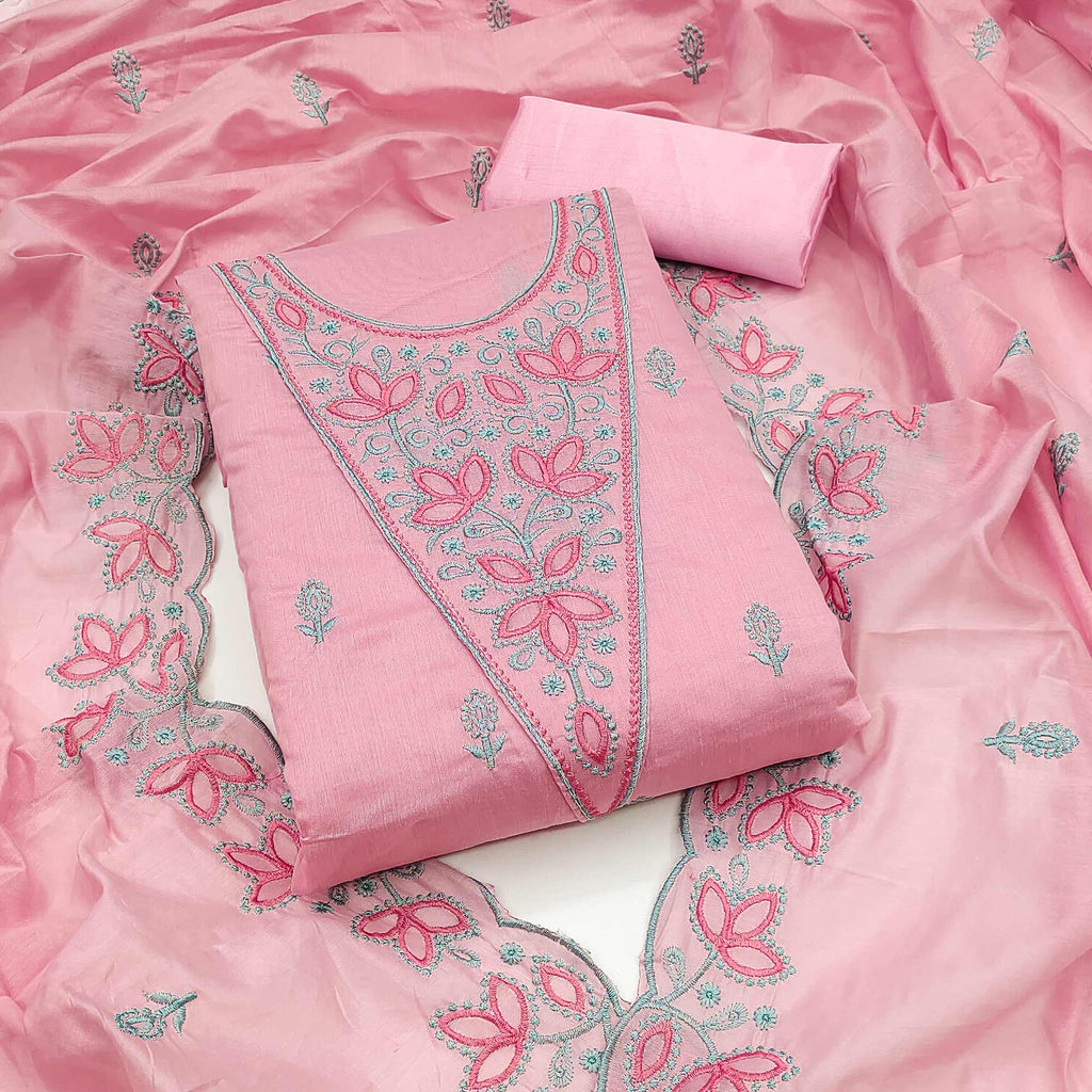 Pink Floral Embroidered Chanderi Dress Material