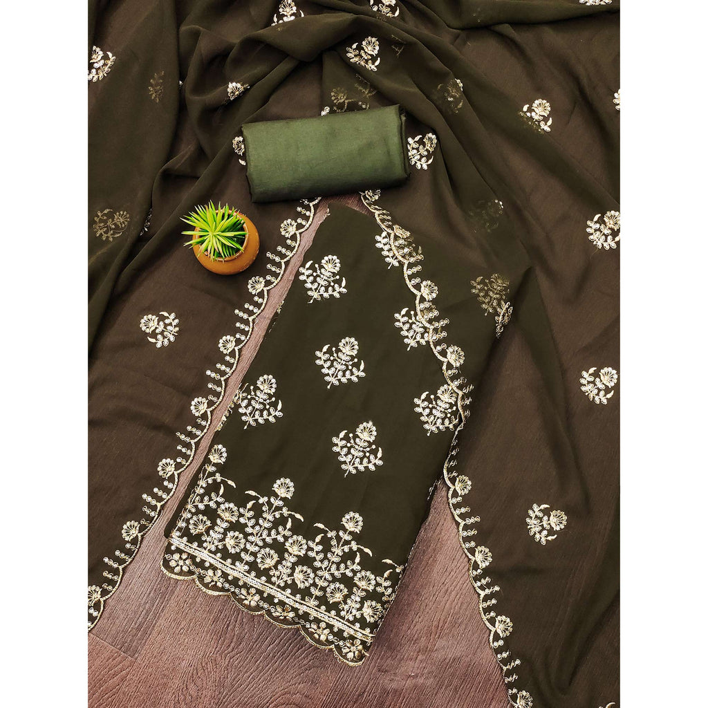 Mehendi Green Floral Sequins Embroidered Georgette Dress Material