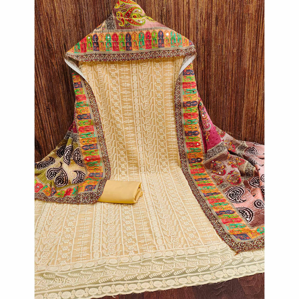Light Yellow Floral Chikankari Work Georgette Dress Material