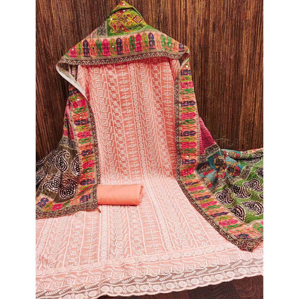 Peach Floral Chikankari Work Georgette Dress Material