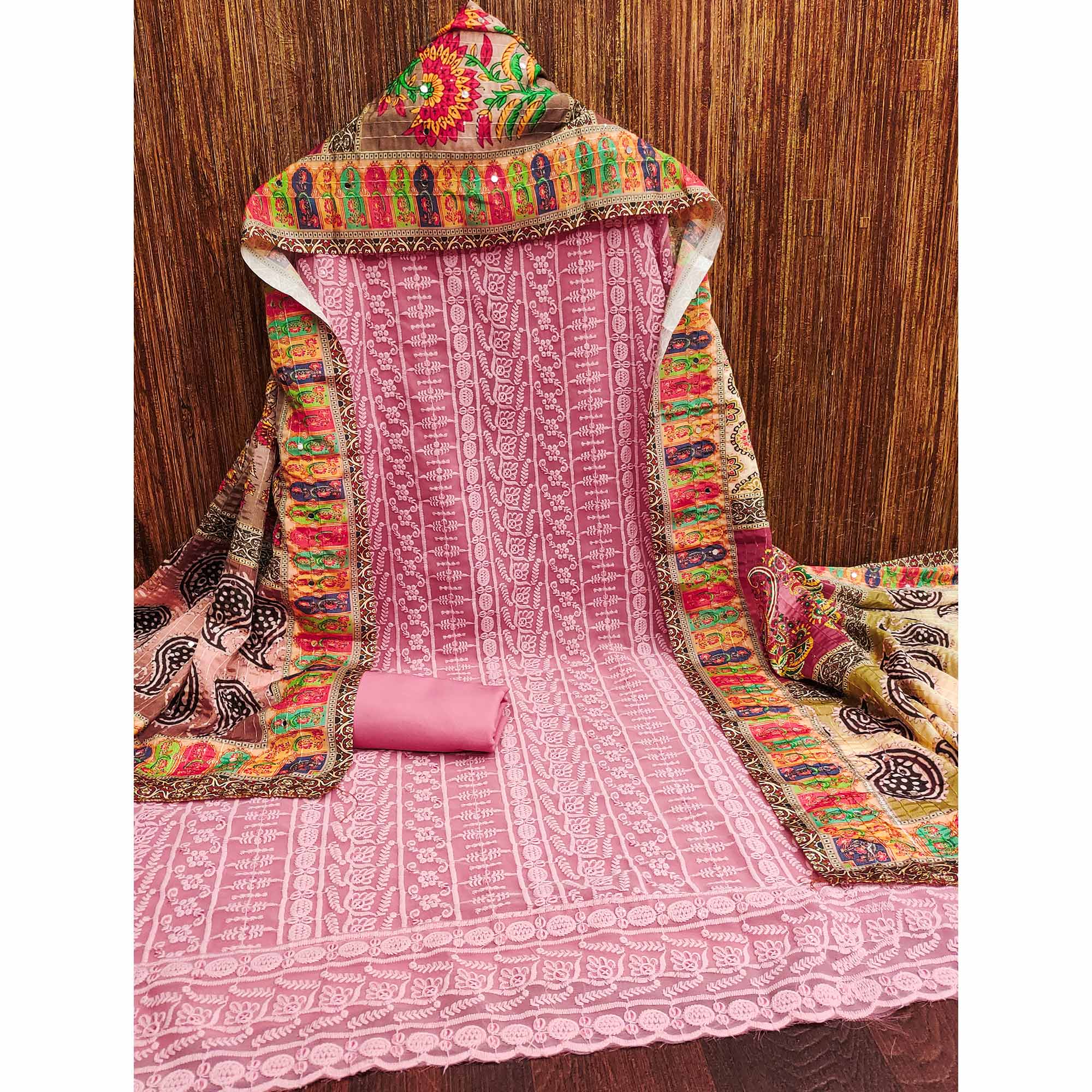 Pink Floral Chikankari Work Georgette Dress Material