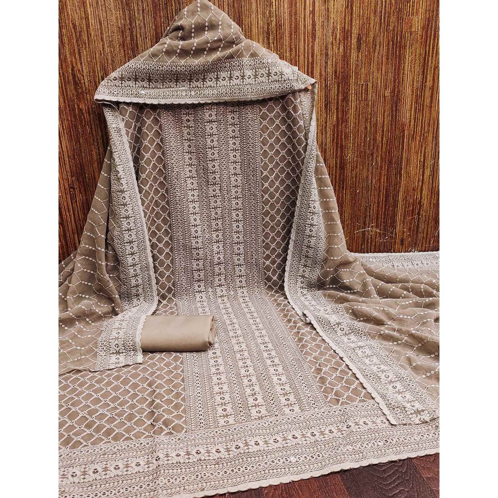 Brown Chikankari Work Georgette Dress Material