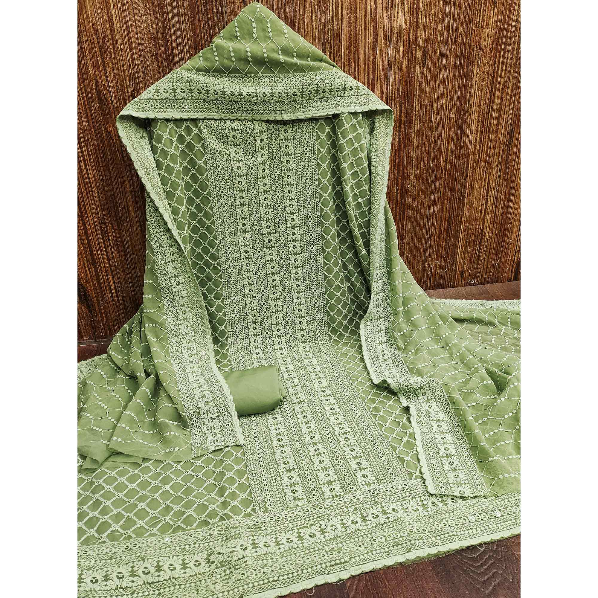 Green Chikankari Work Georgette Dress Material