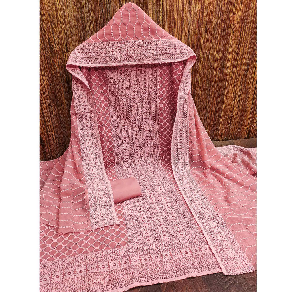 Pink Chikankari Work Georgette Dress Material
