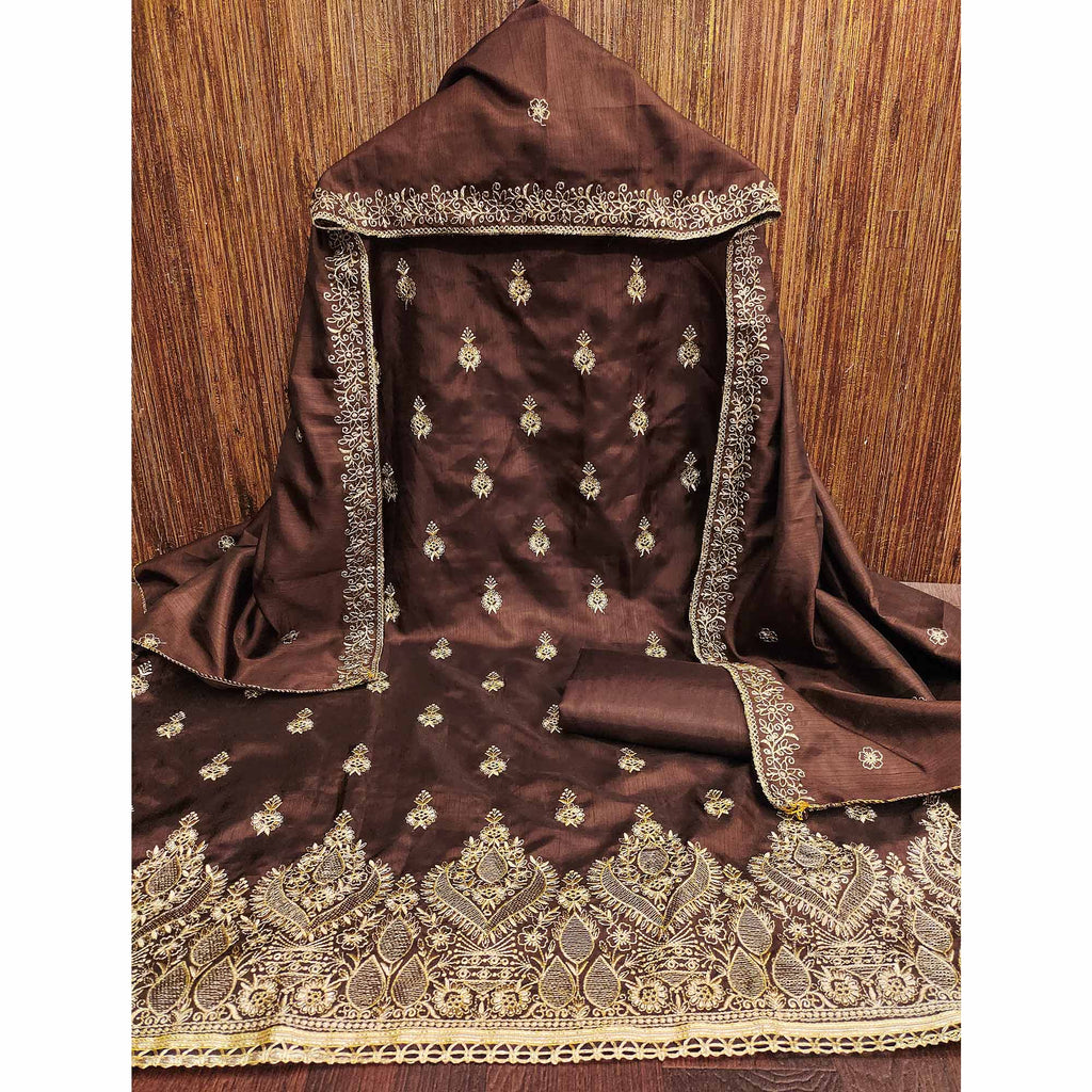 Brown Floral Embroidered Cotton Blend Dress Material