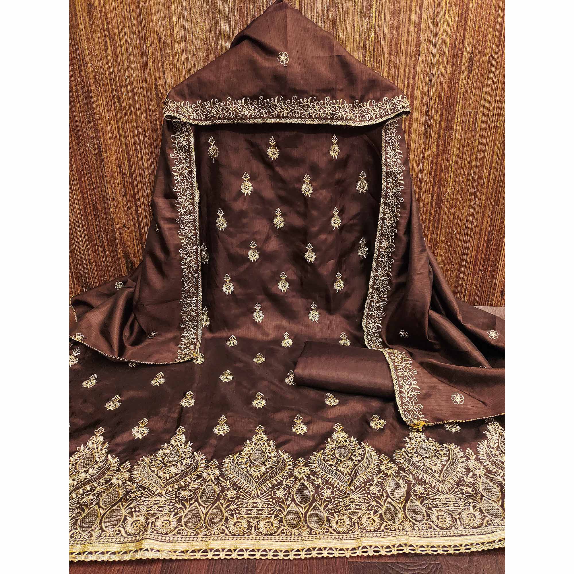 Brown Floral Embroidered Cotton Blend Dress Material