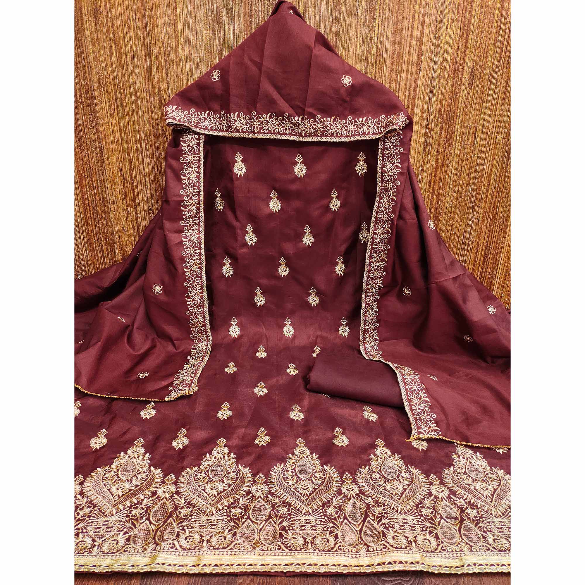 Maroon Floral Embroidered Cotton Blend Dress Material