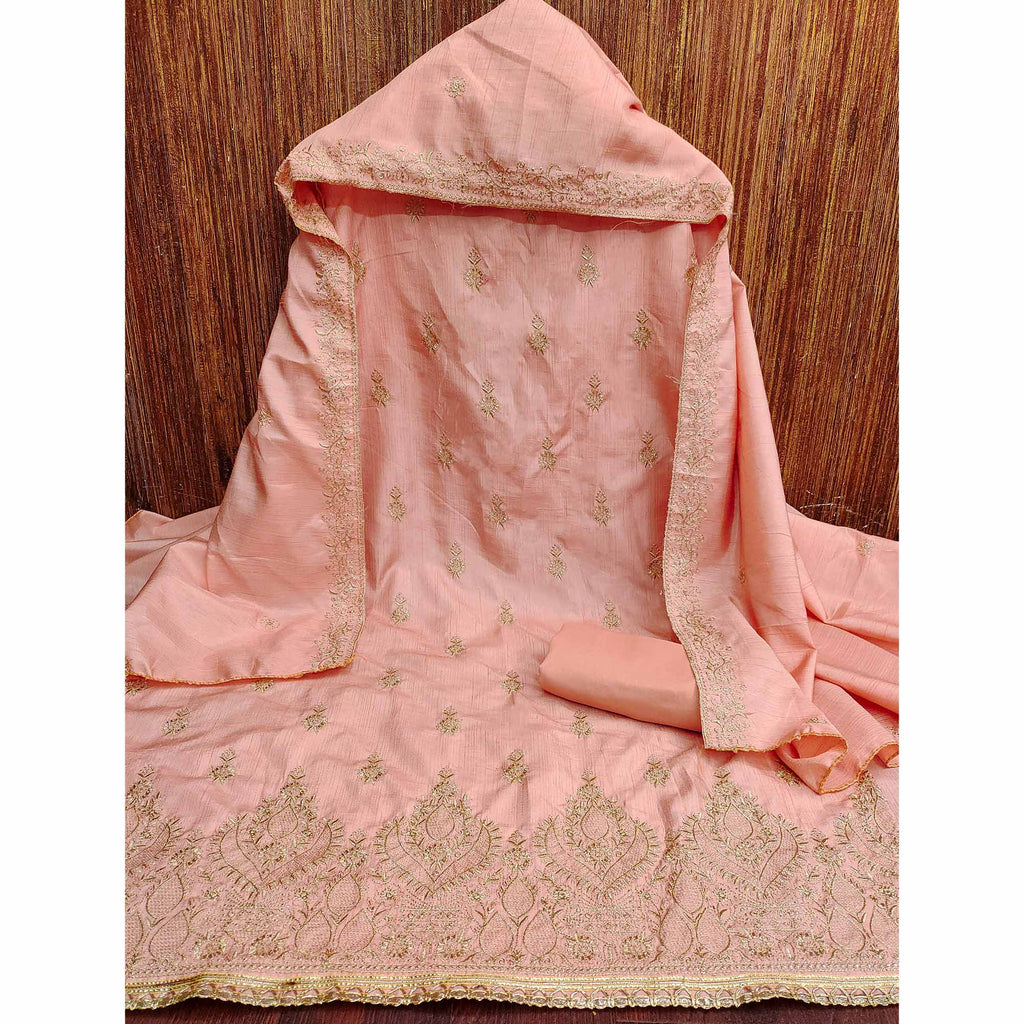 Peach Floral Embroidered Cotton Blend Dress Material