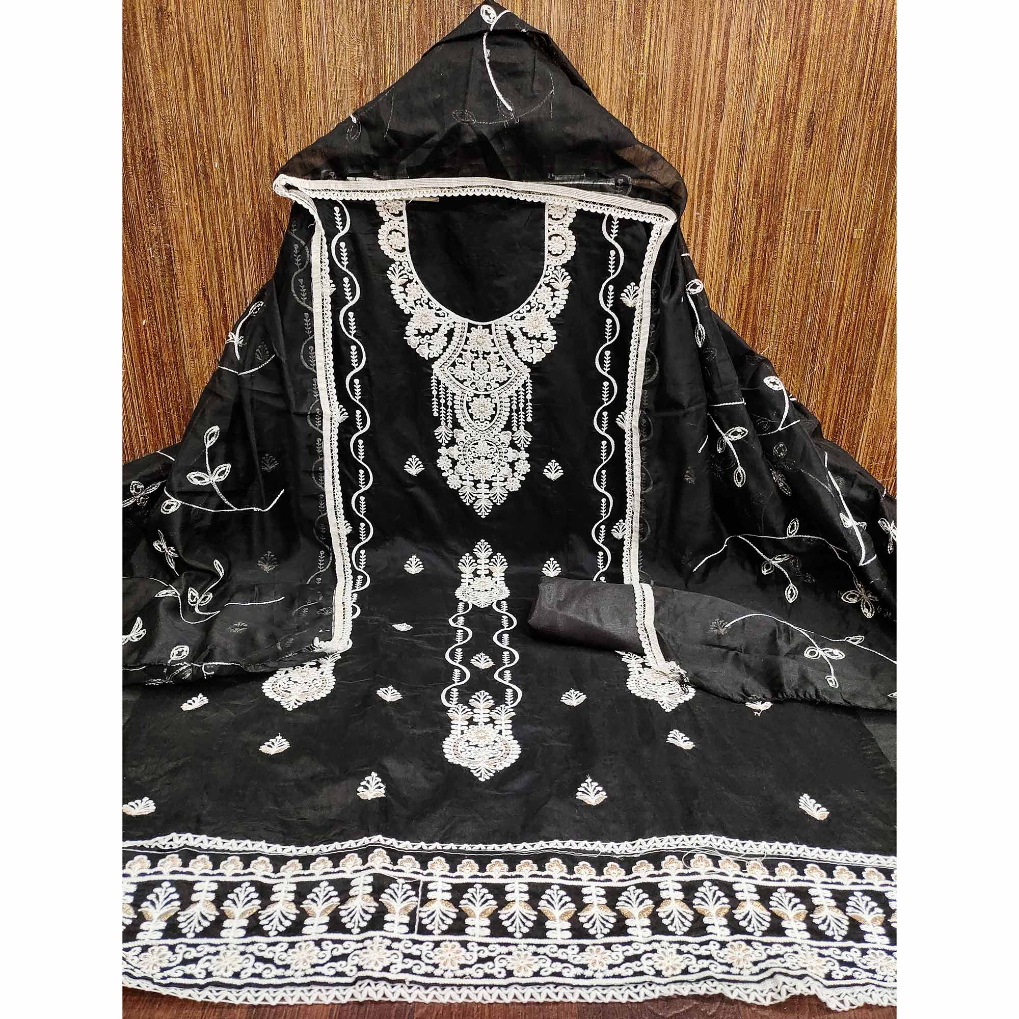 Black Floral Embroidered Chanderi Dress Material