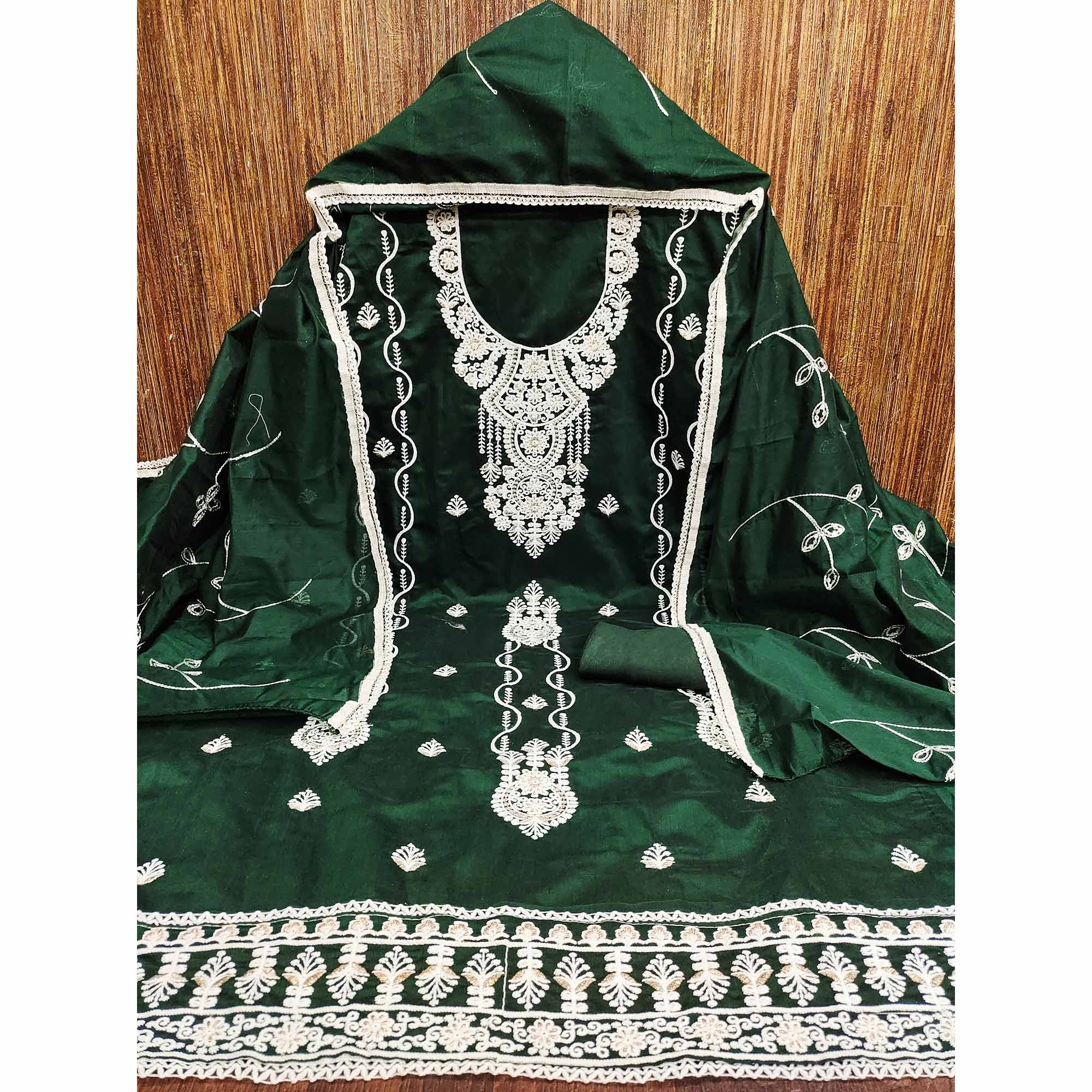 Bottle Green Floral Embroidered Chanderi Dress Material