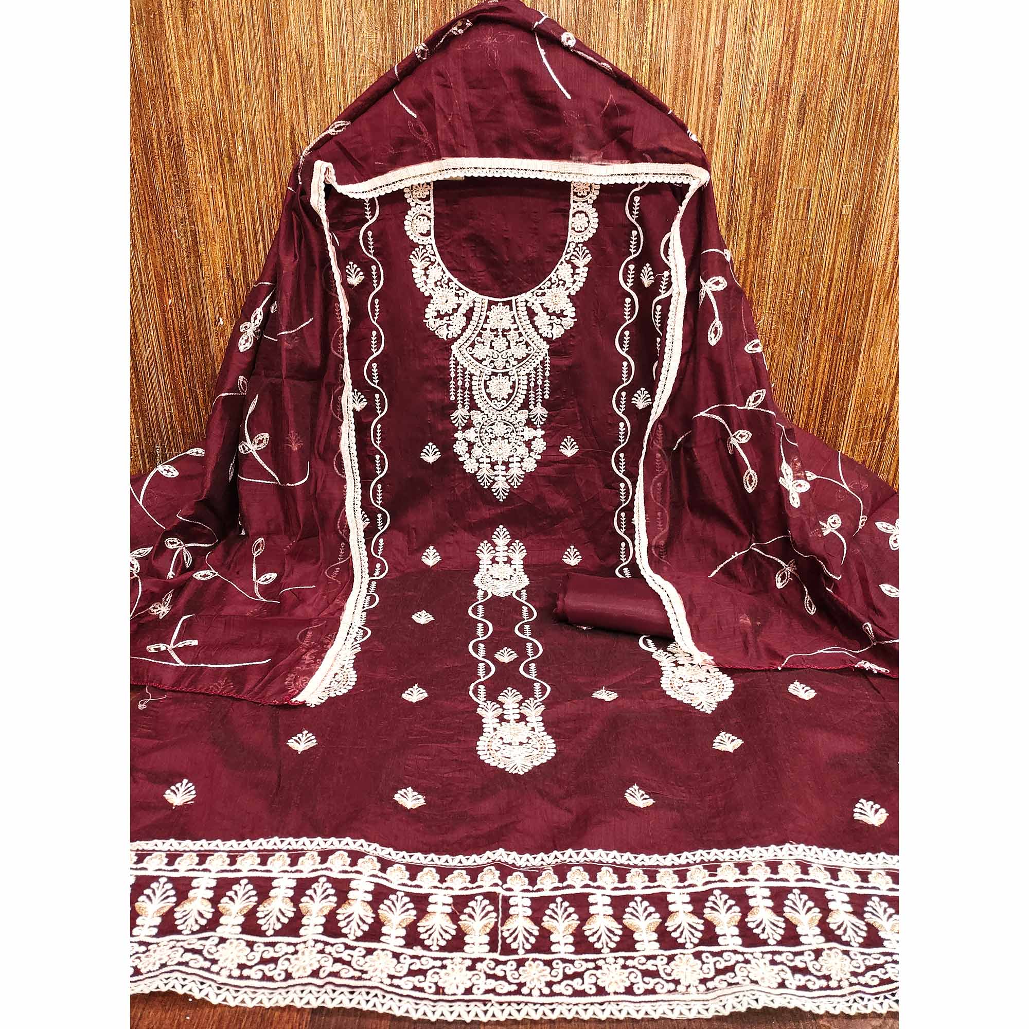 Maroon Floral Embroidered Chanderi Dress Material