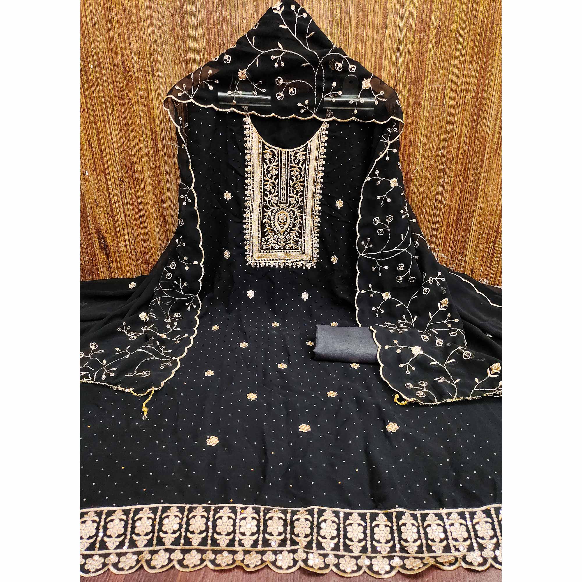 Black Floral Embroidery With Stonework Georgette Dress Material