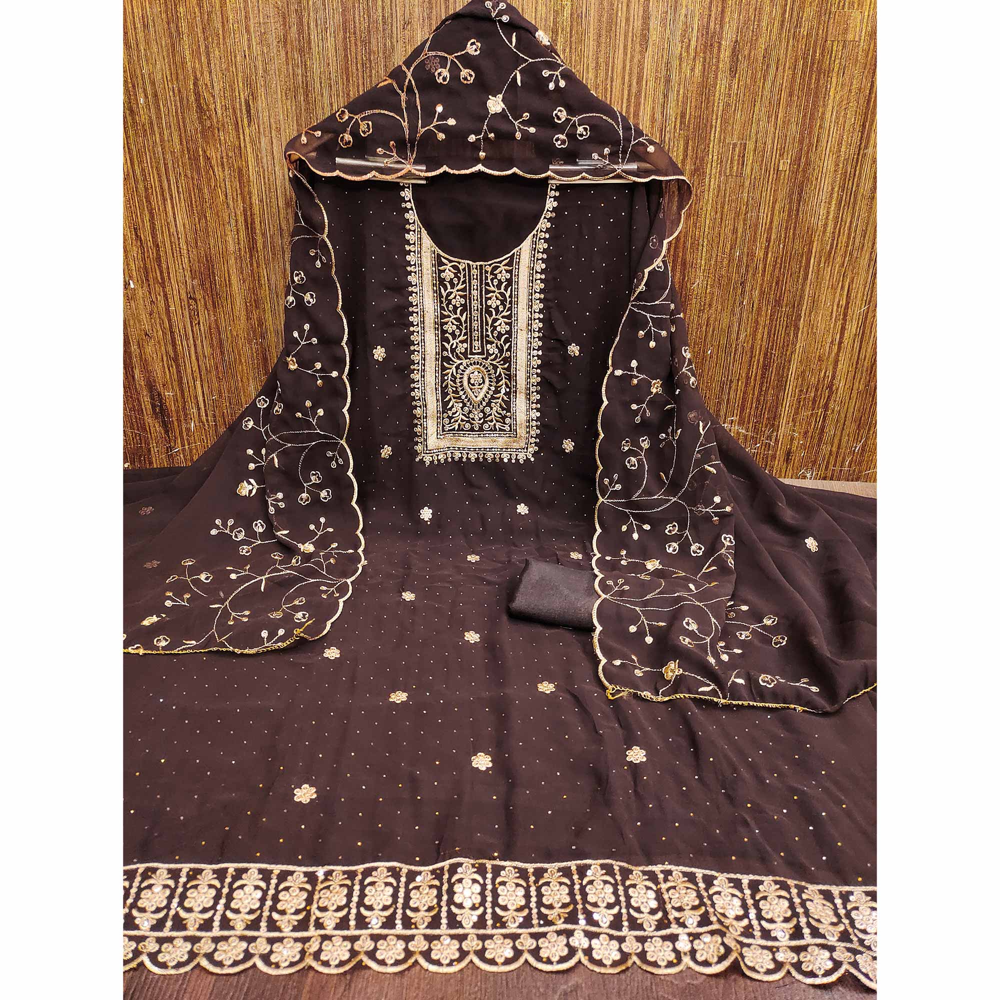 Brown Floral Embroidery With Stonework Georgette Dress Material