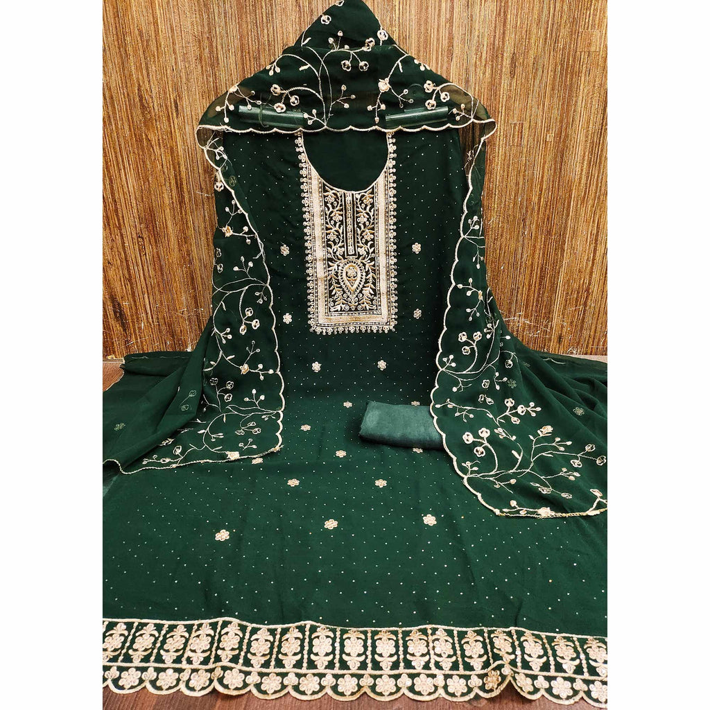 Green Floral Embroidery With Stonework Georgette Dress Material