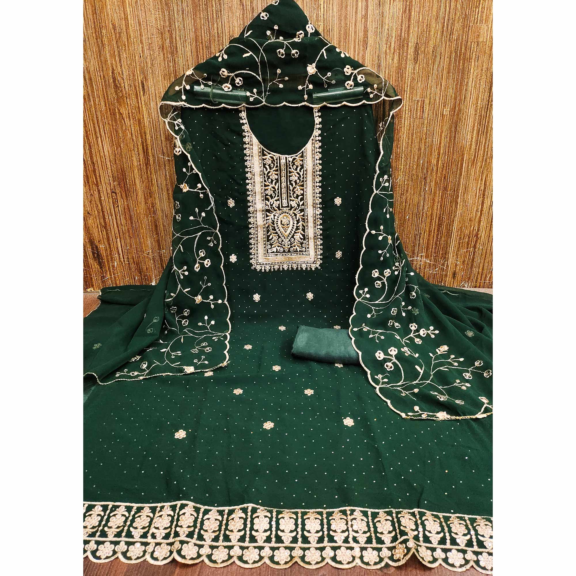 Green Floral Embroidery With Stonework Georgette Dress Material