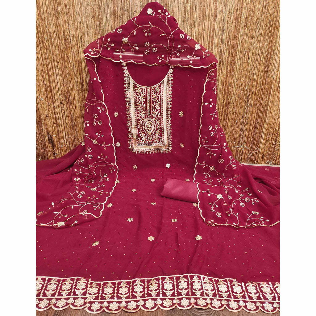 Maroon Floral Embroidery With Stonework Georgette Dress Material