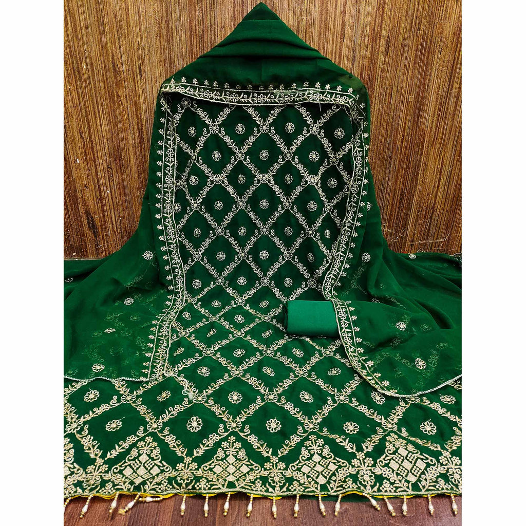 An Ethereal Charm Green Floral Embroidered Georgette Dress Material