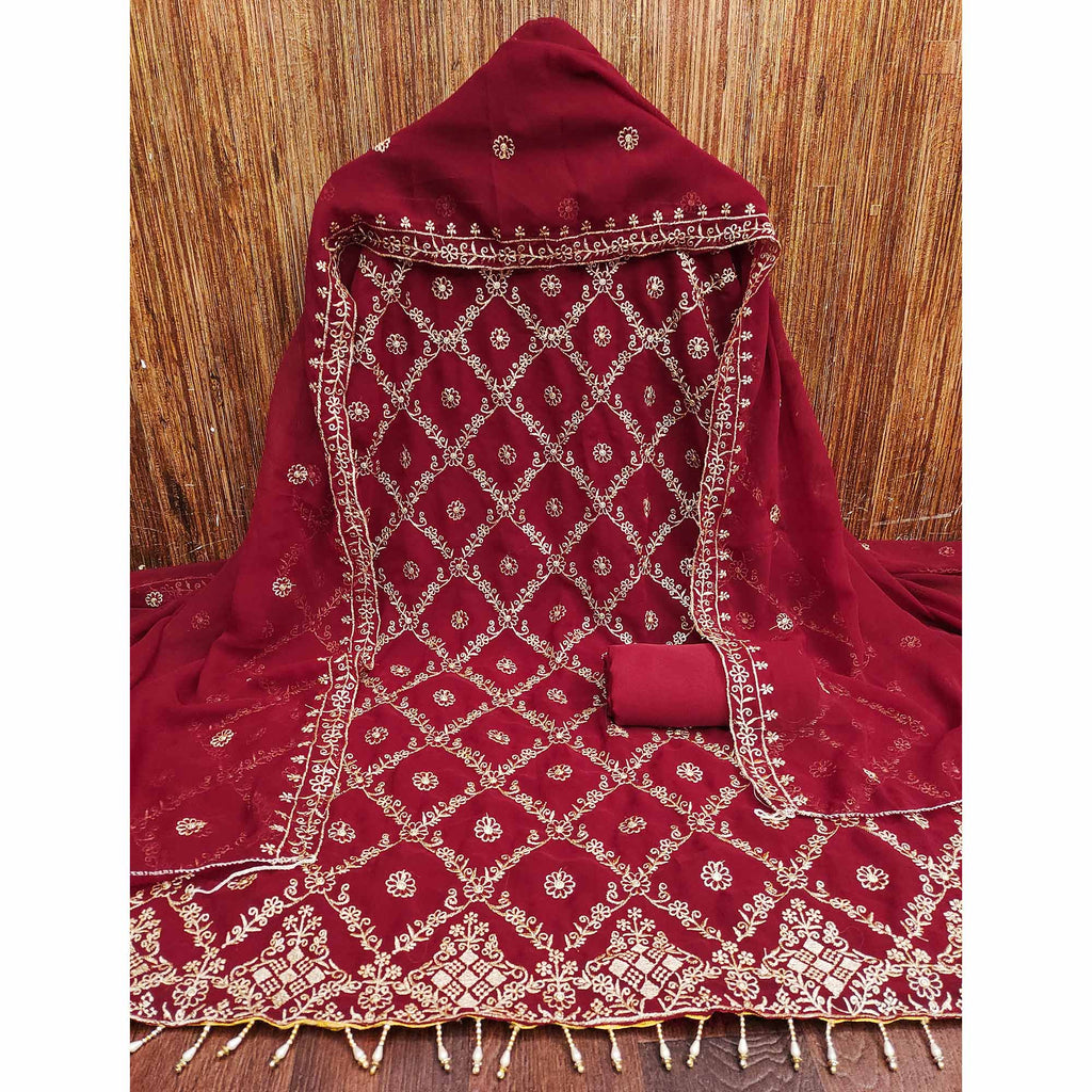 Drape Yourself In Luxury Maroon Floral Embroidered Georgette Dress Material