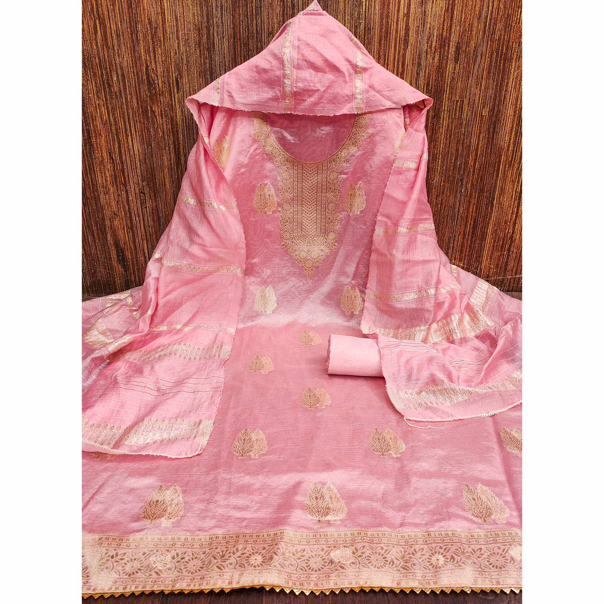 A Mesmerizing Creation Baby Pink Floral Woven Banarasi Jacquard Dress Material