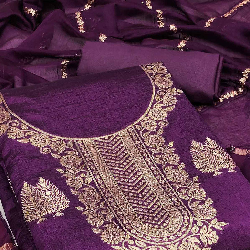 Make a Statement with Purple Floral Woven Banarasi Jacquard Dress Material