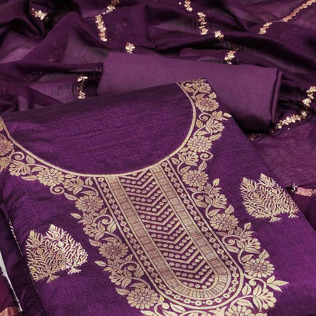 Make a Statement with Purple Floral Woven Banarasi Jacquard Dress Material