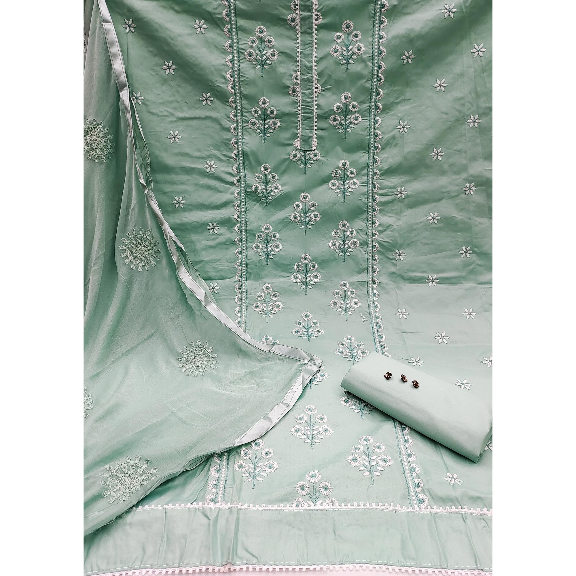 Drape Yourself in Luxury Light Sea Green Floral Thread Embroidered Cotton Blend Dress Material