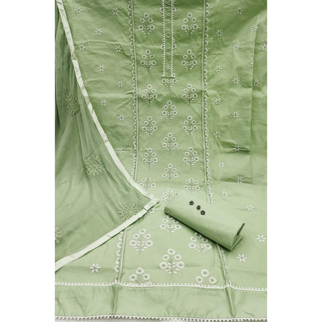 Make a Statement with Pista Green Floral Thread Embroidered Cotton Blend Dress Material