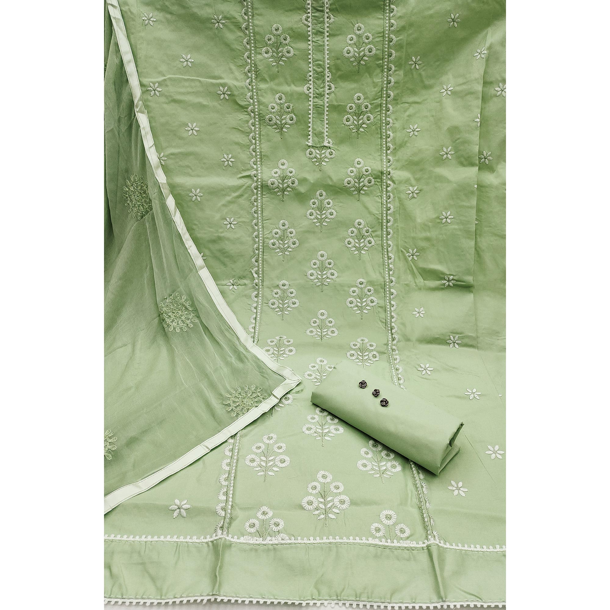 Make a Statement with Pista Green Floral Thread Embroidered Cotton Blend Dress Material