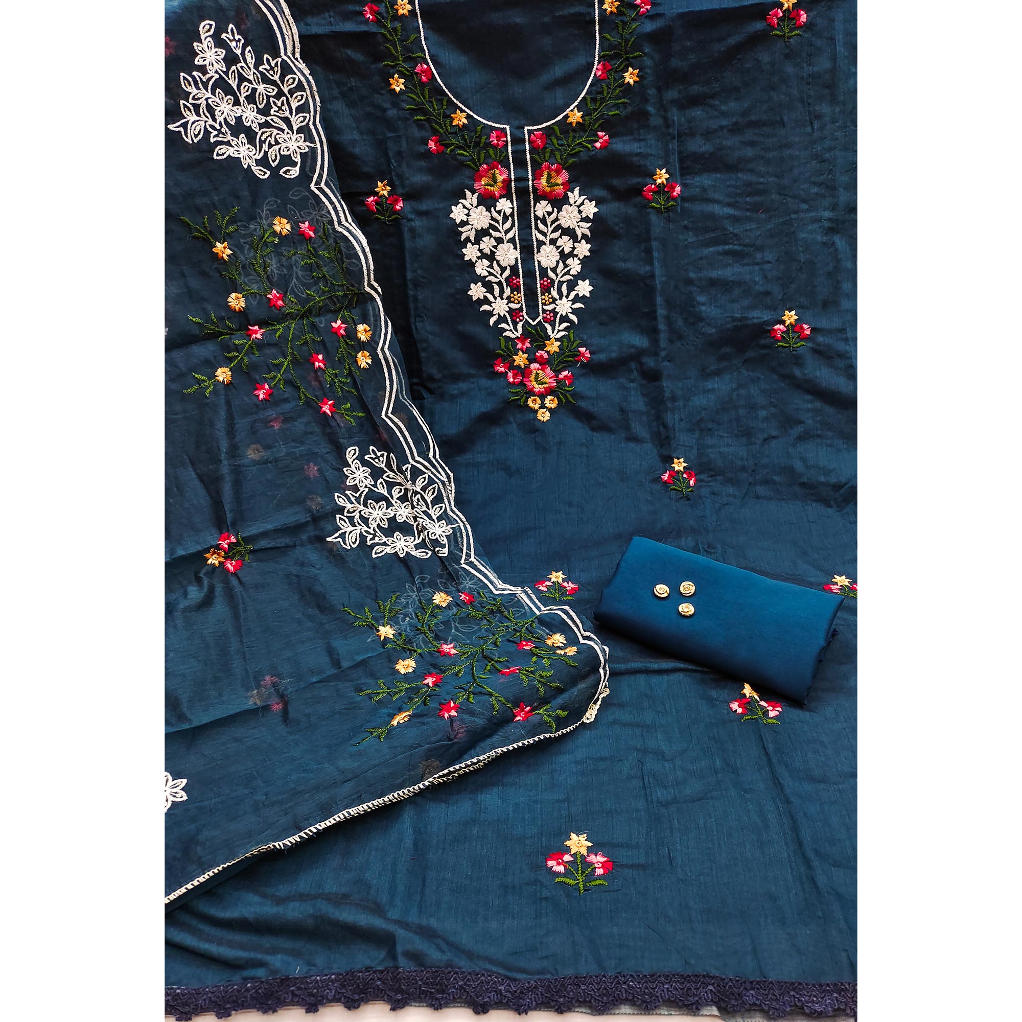 A Timeless Beauty Blue Floral Sequins Embroidered Chanderi Dress Material