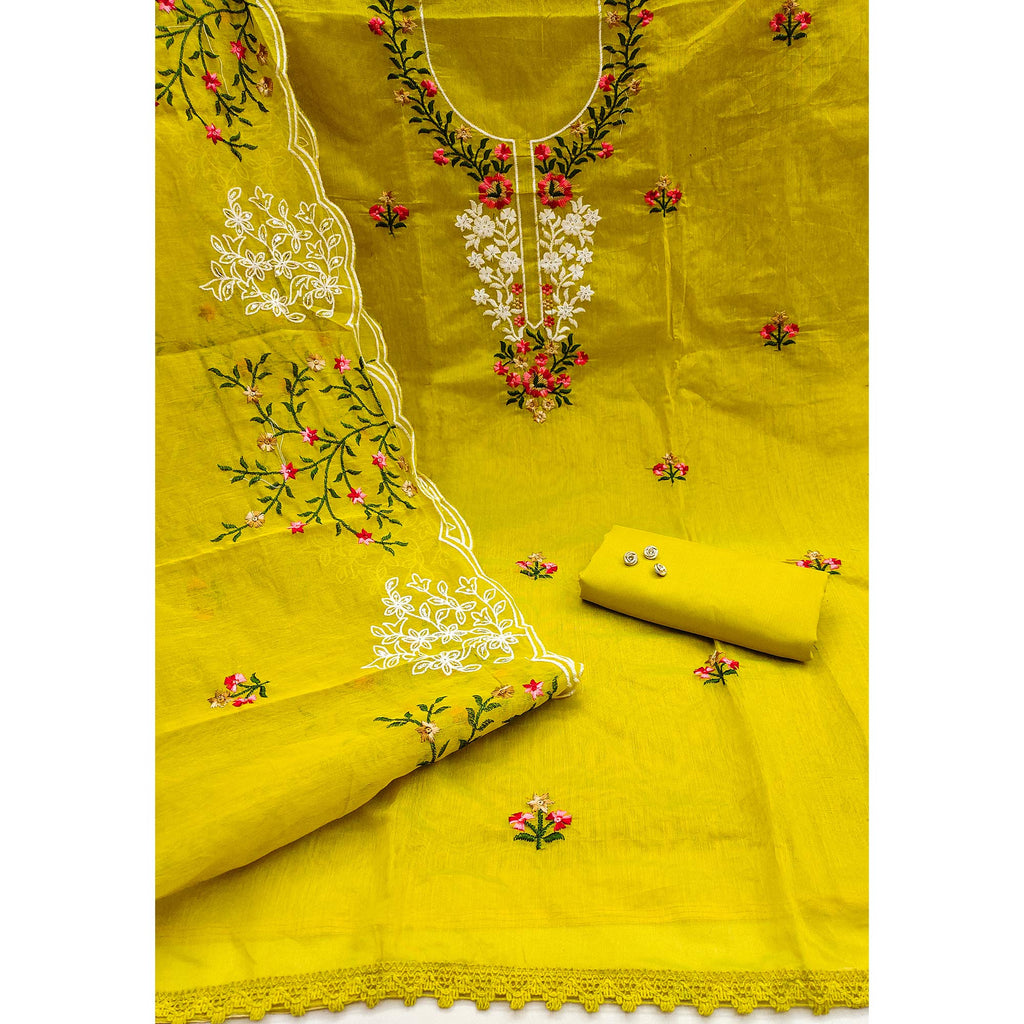 An Ethereal Charm Lemon Yellow Floral Sequins Embroidered Chanderi Dress Material