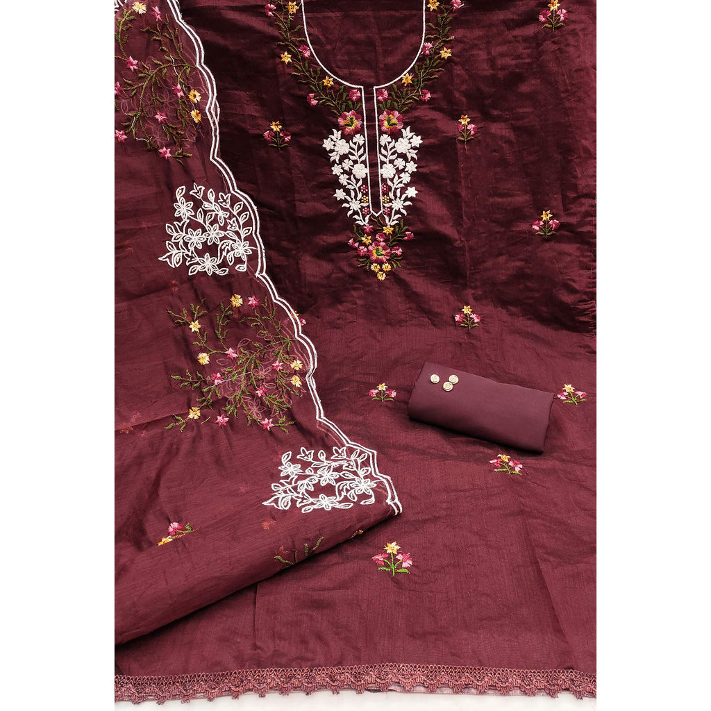 A Timeless Beauty Maroon Floral Sequins Embroidered Chanderi Dress Material