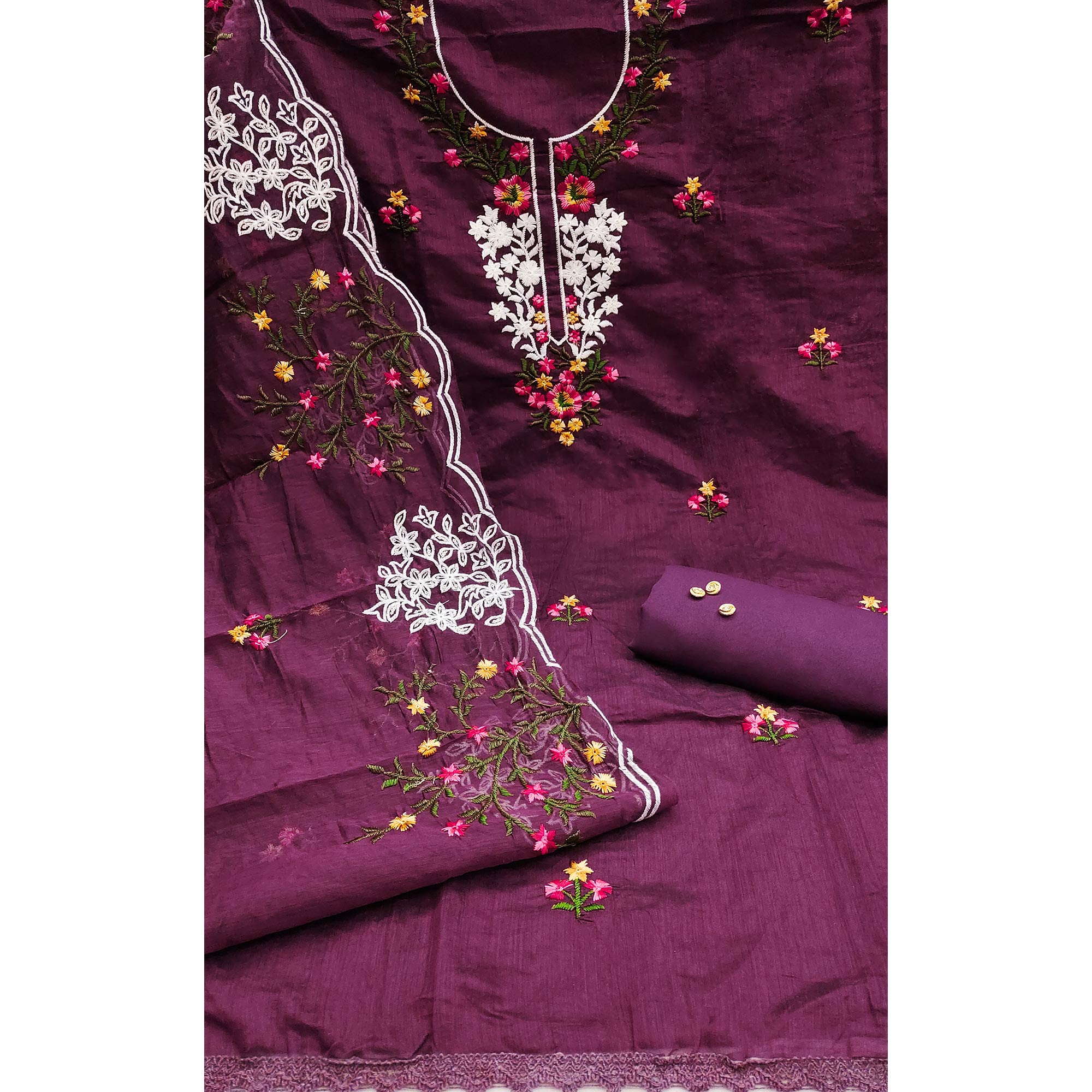 A Timeless Beauty Wine Floral Sequins Embroidered Chanderi Dress Material
