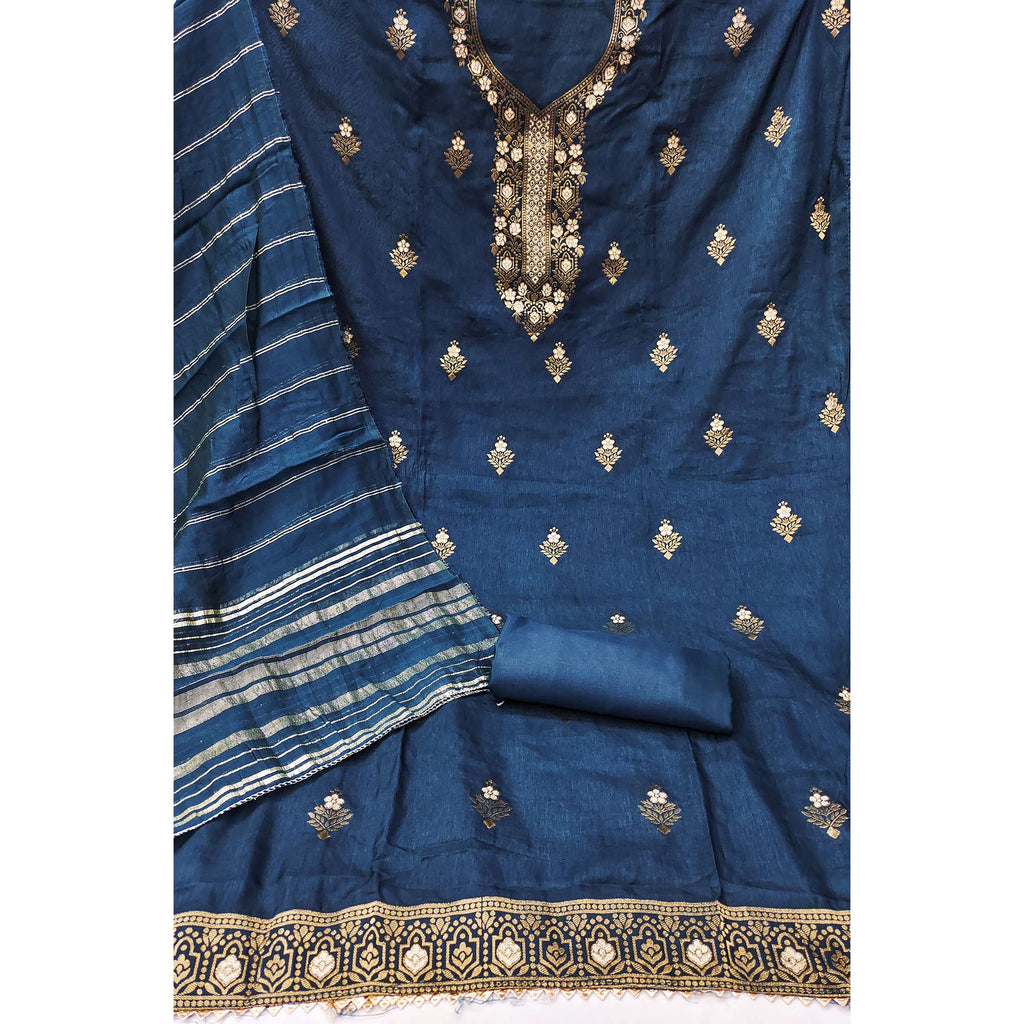 Charming Blue Banarasi Jacquard Dress Material Adorned With Ornate Zari Floral Weaves