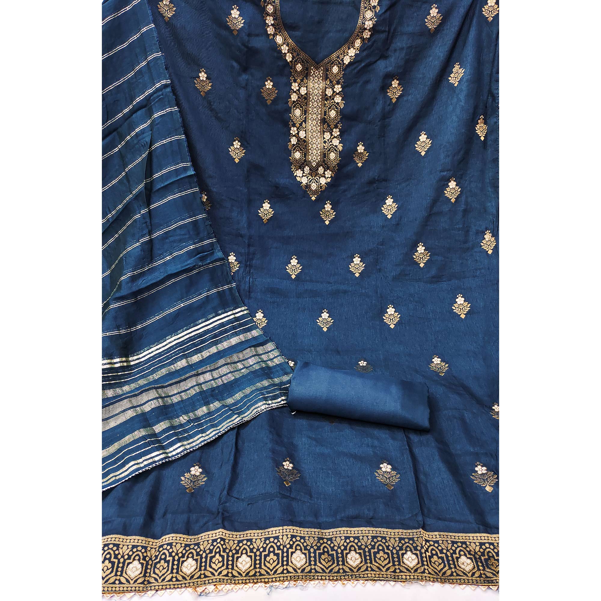 Charming Blue Banarasi Jacquard Dress Material Adorned With Ornate Zari Floral Weaves