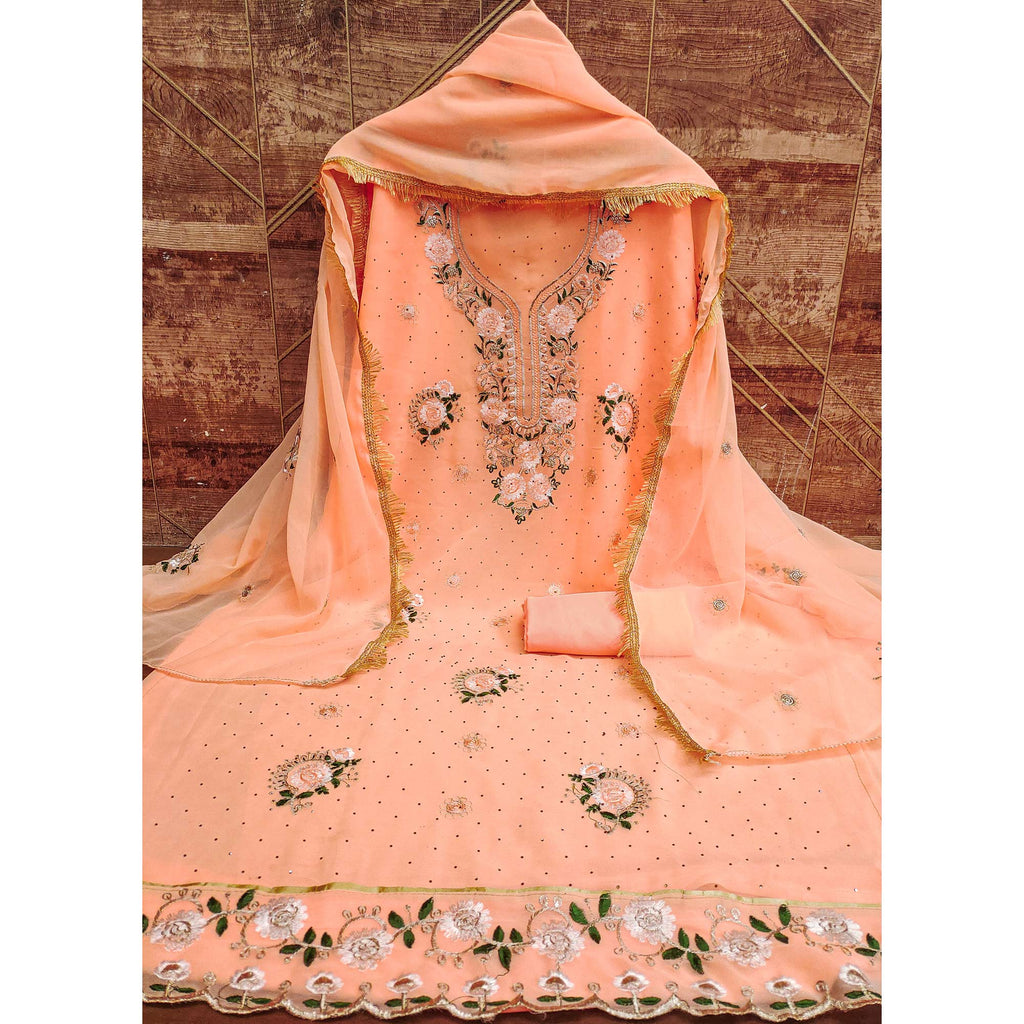 Orange Georgette Dress Material With Exquisite Floral Embroidery & Shimmering Stonework