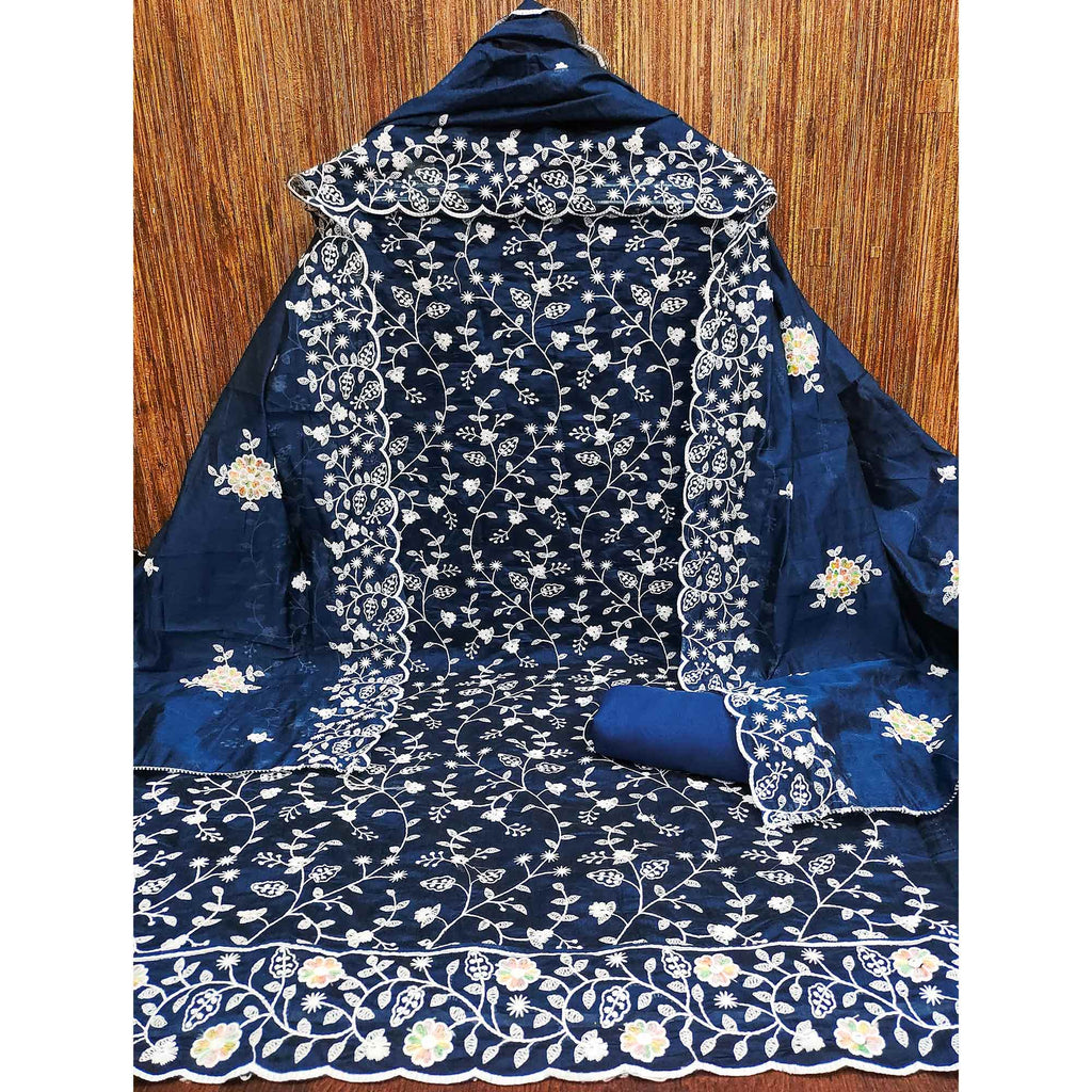 Elegant Blue Chanderi Silk Dress Material Adorned With Graceful Floral Thread Embroidery