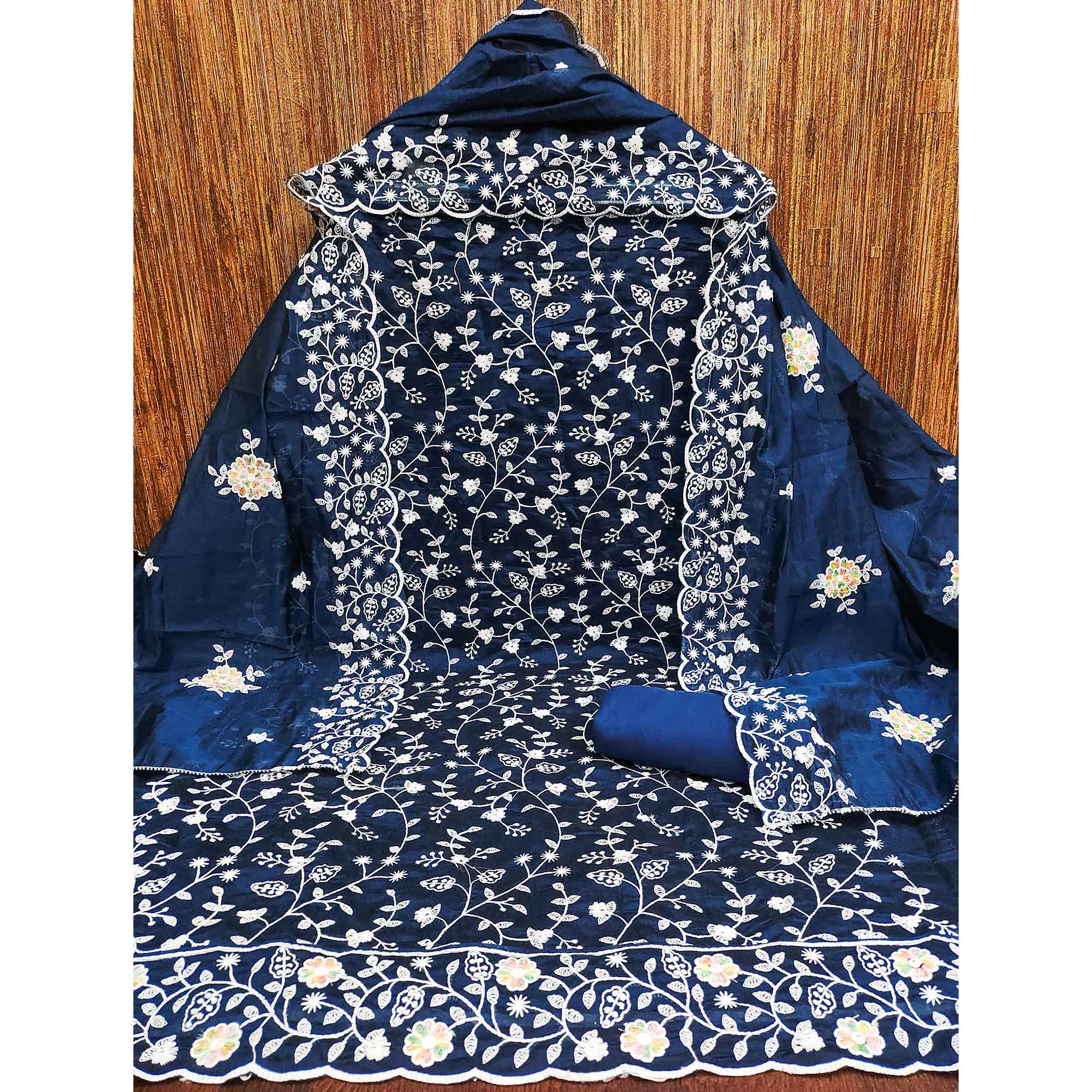 Elegant Blue Chanderi Silk Dress Material Adorned With Graceful Floral Thread Embroidery