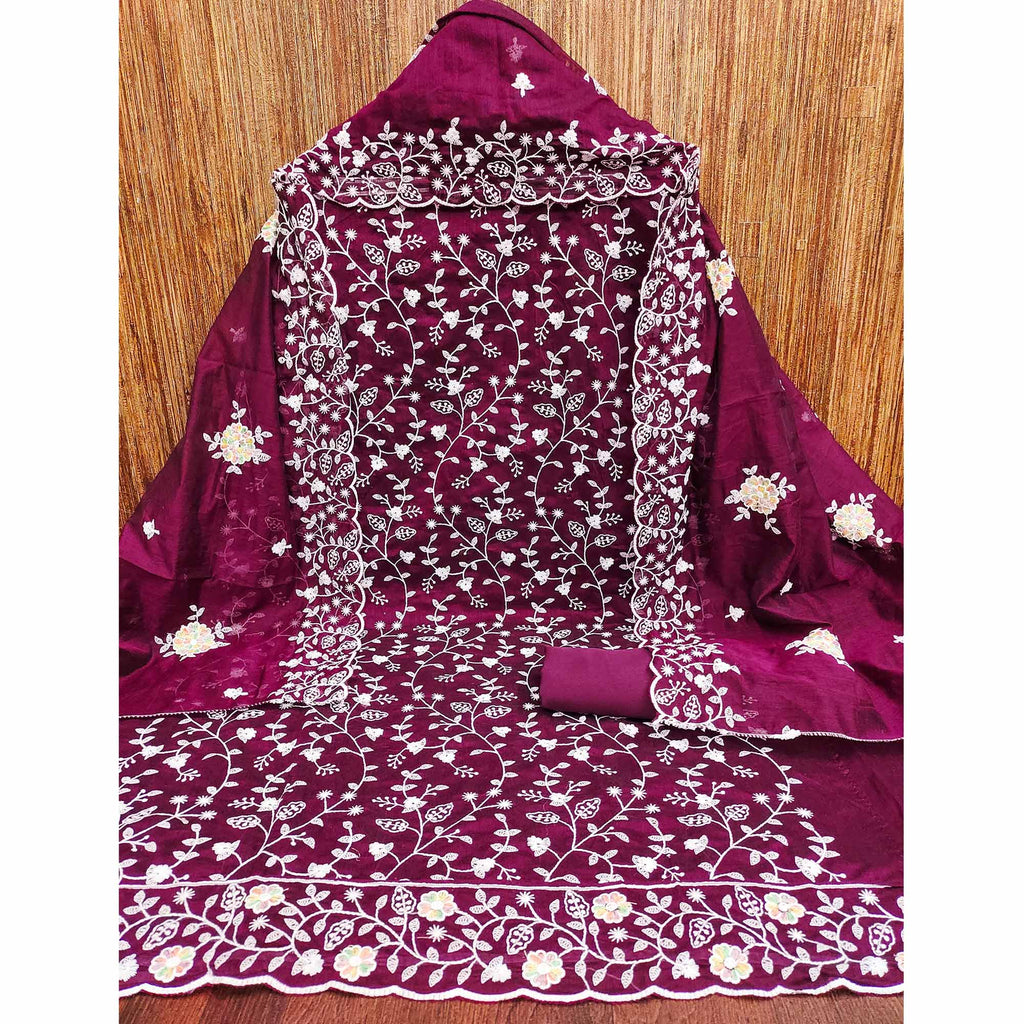 Opulent Wine Chanderi Silk Dress Material With Artistic Floral Thread Embroidery