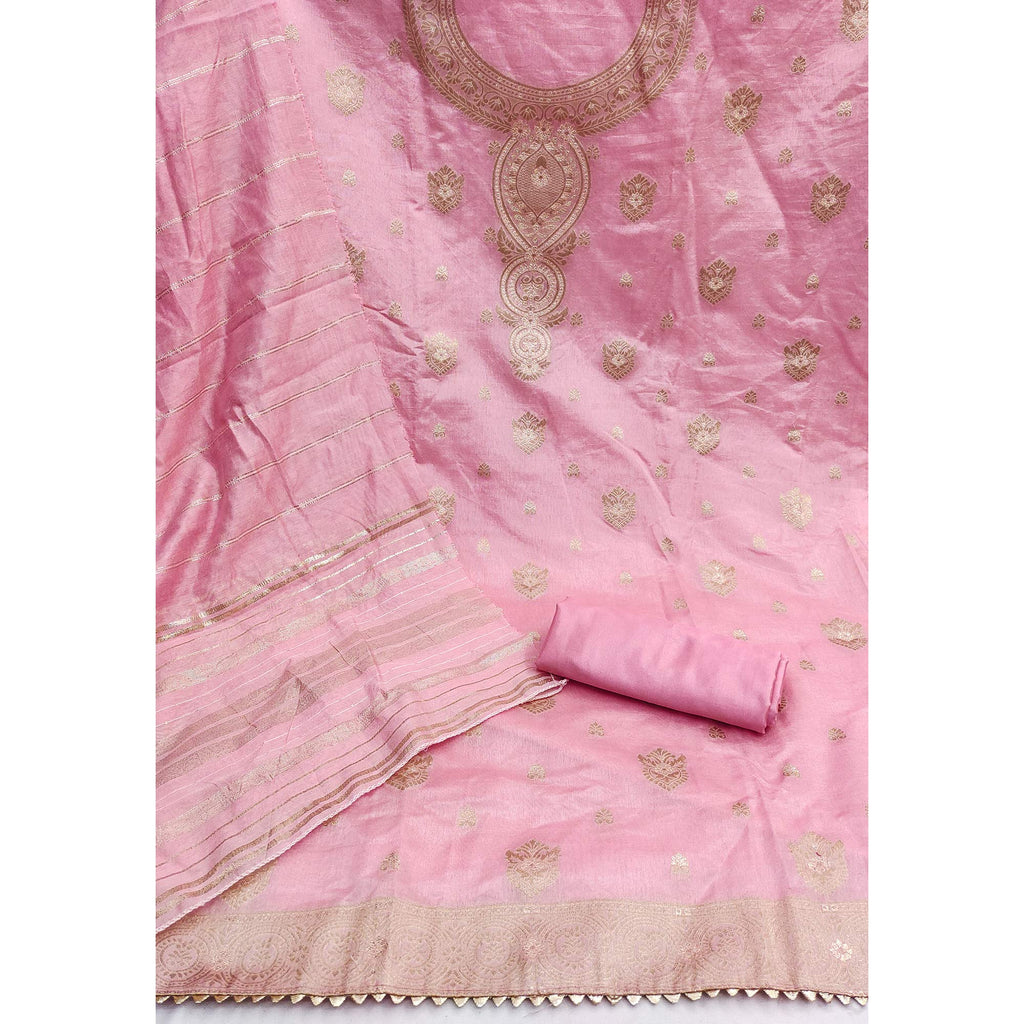 Baby Pink Banarasi Silk Dress Material With Classic Zari Design
