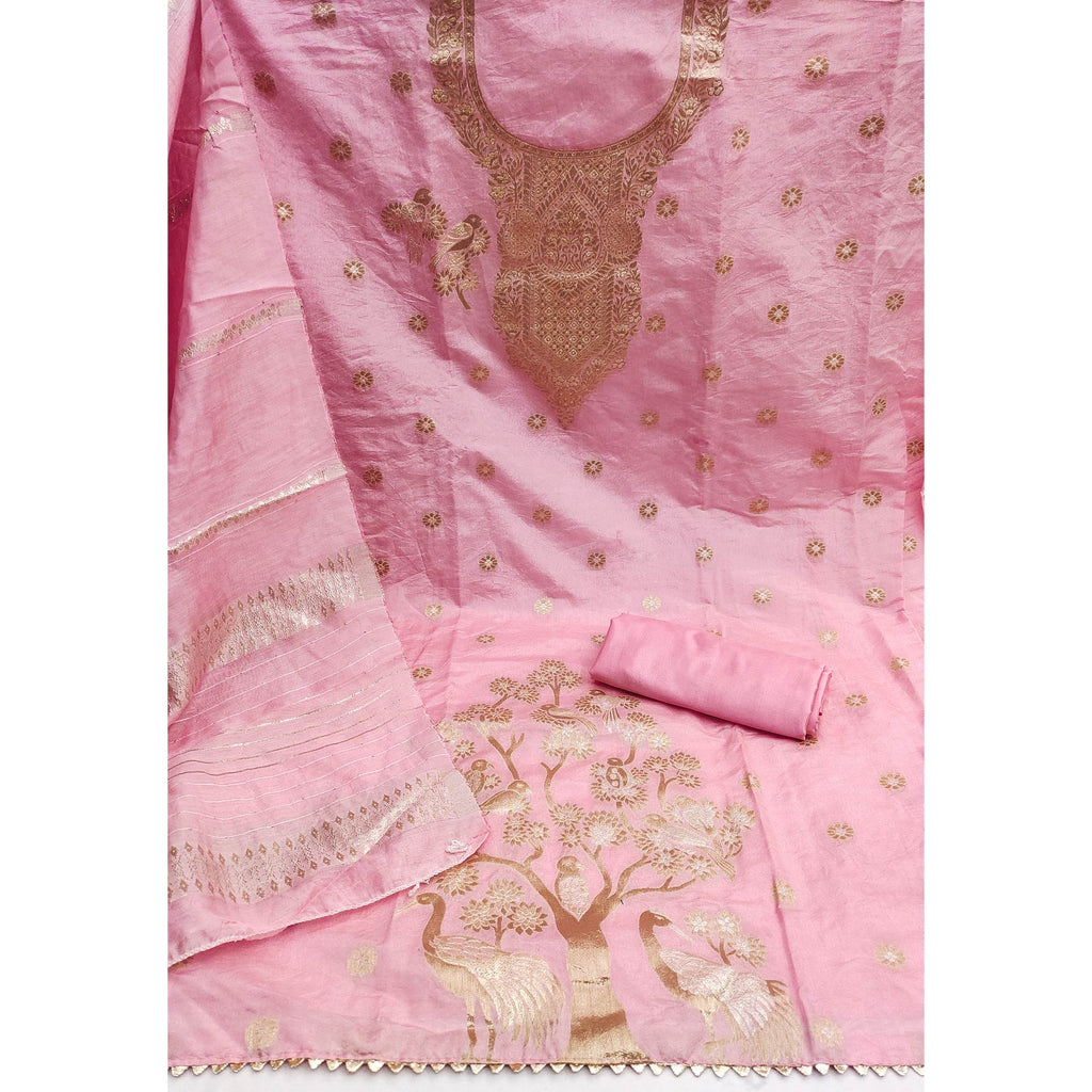 Baby Pink Banarasi Silk Dress Material With Classic Zari Design