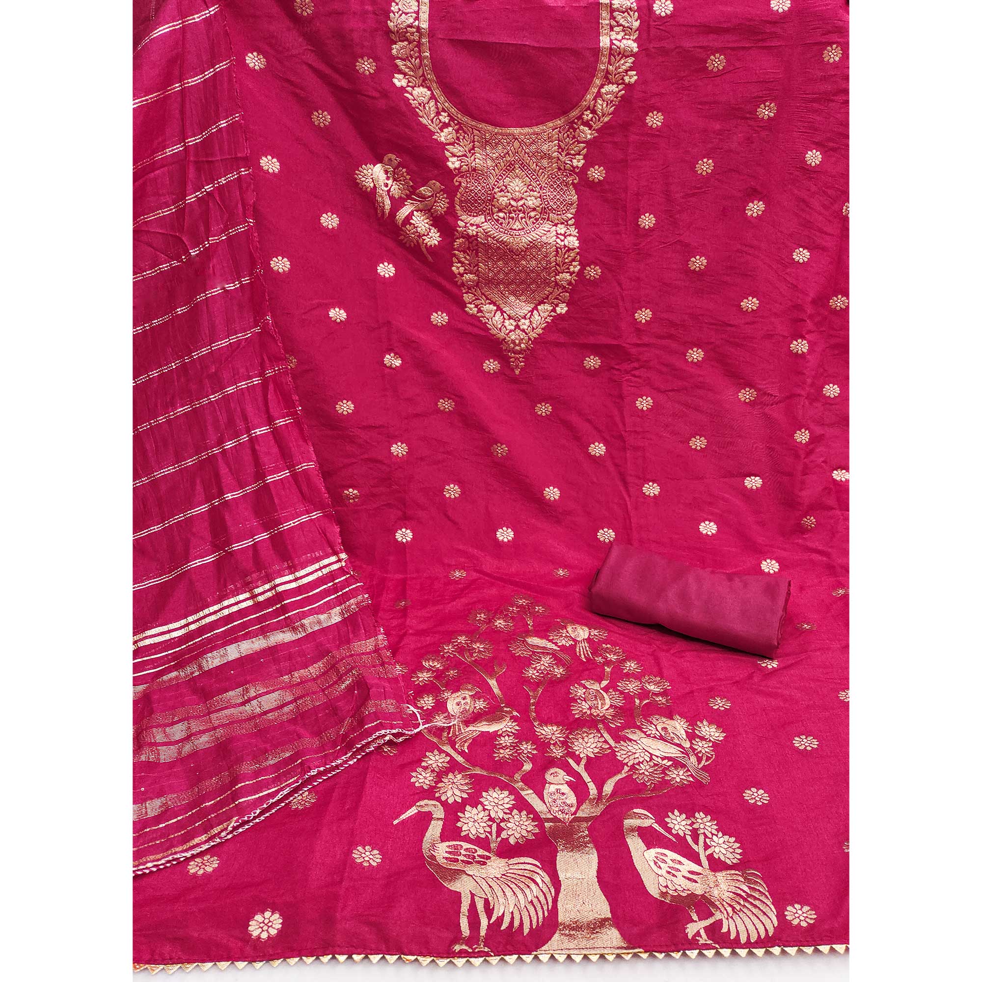 Dark Pink Banarasi Silk Dress Material With Classic Zari Design