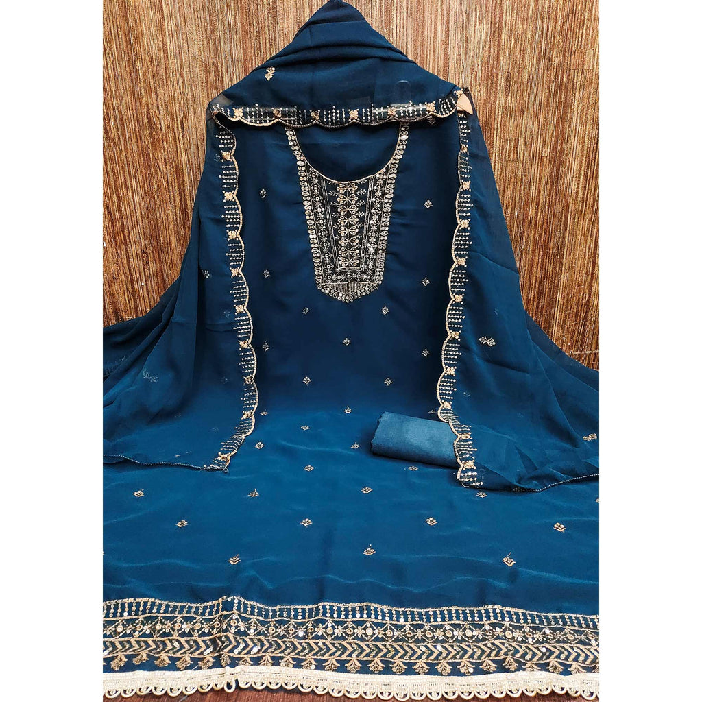 Blue Georgette Dress Material Featuring Floral Sequins Embroidery