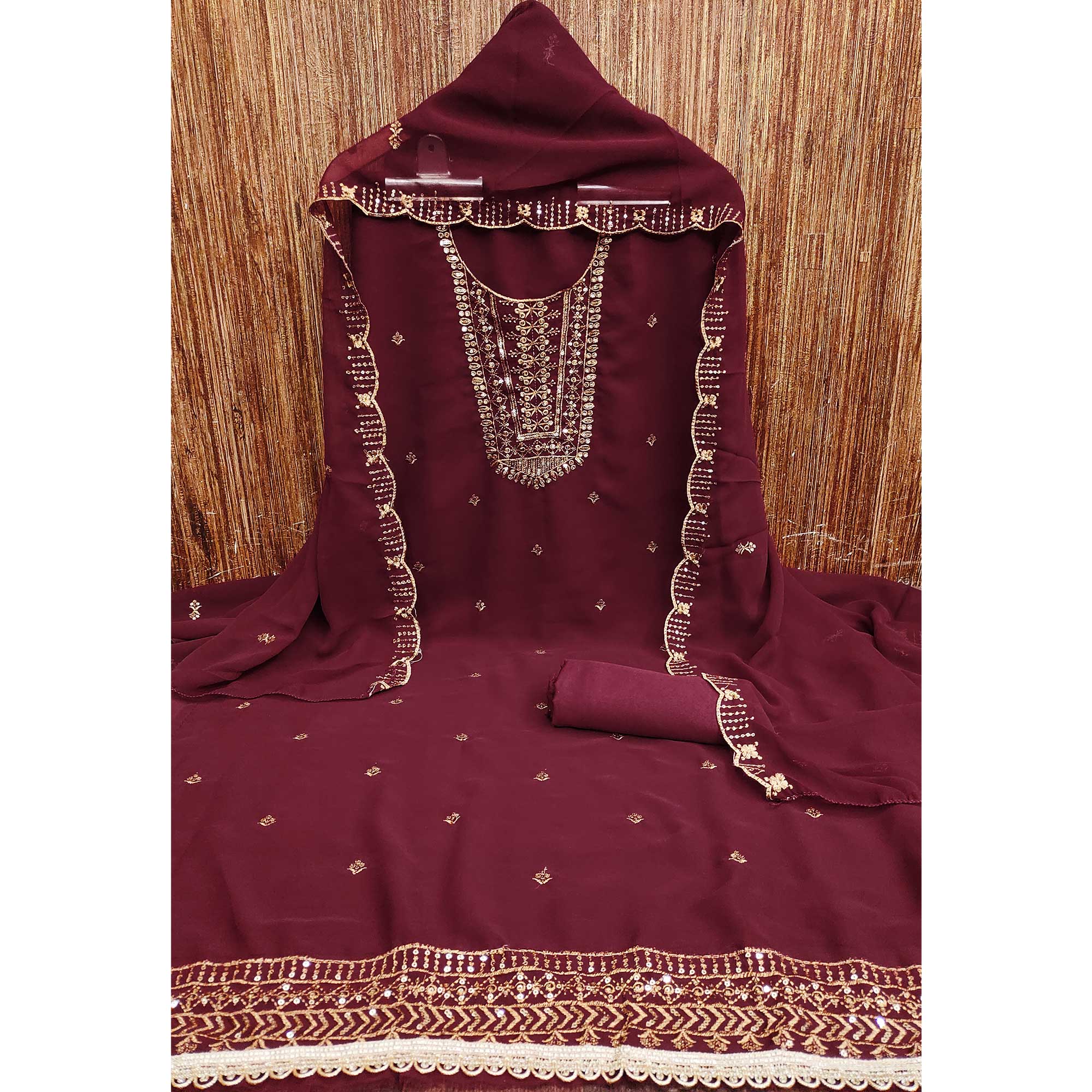 Maroon Georgette Dress Material Featuring Floral Sequins Embroidery