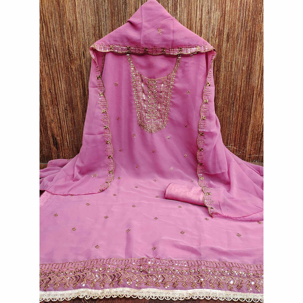 Pink Georgette Dress Material Featuring Floral Sequins Embroidery