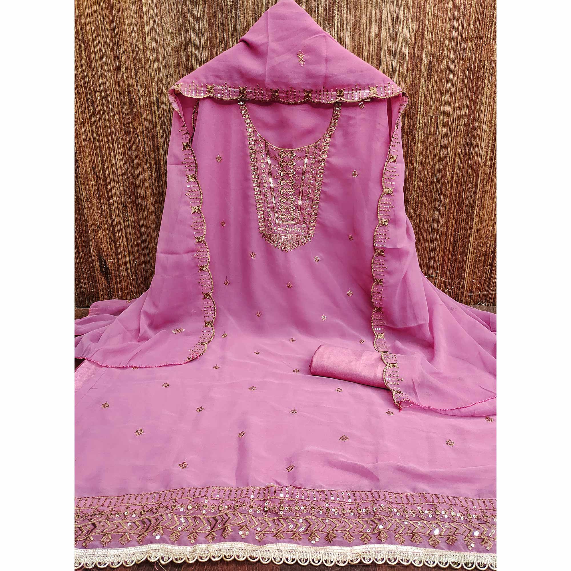 Pink Georgette Dress Material Featuring Floral Sequins Embroidery