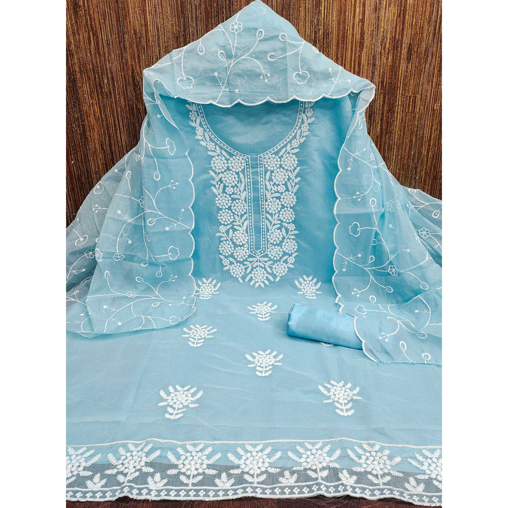 Blue Chanderi Silk Dress Material With Exquisite Floral Thread Embroidery