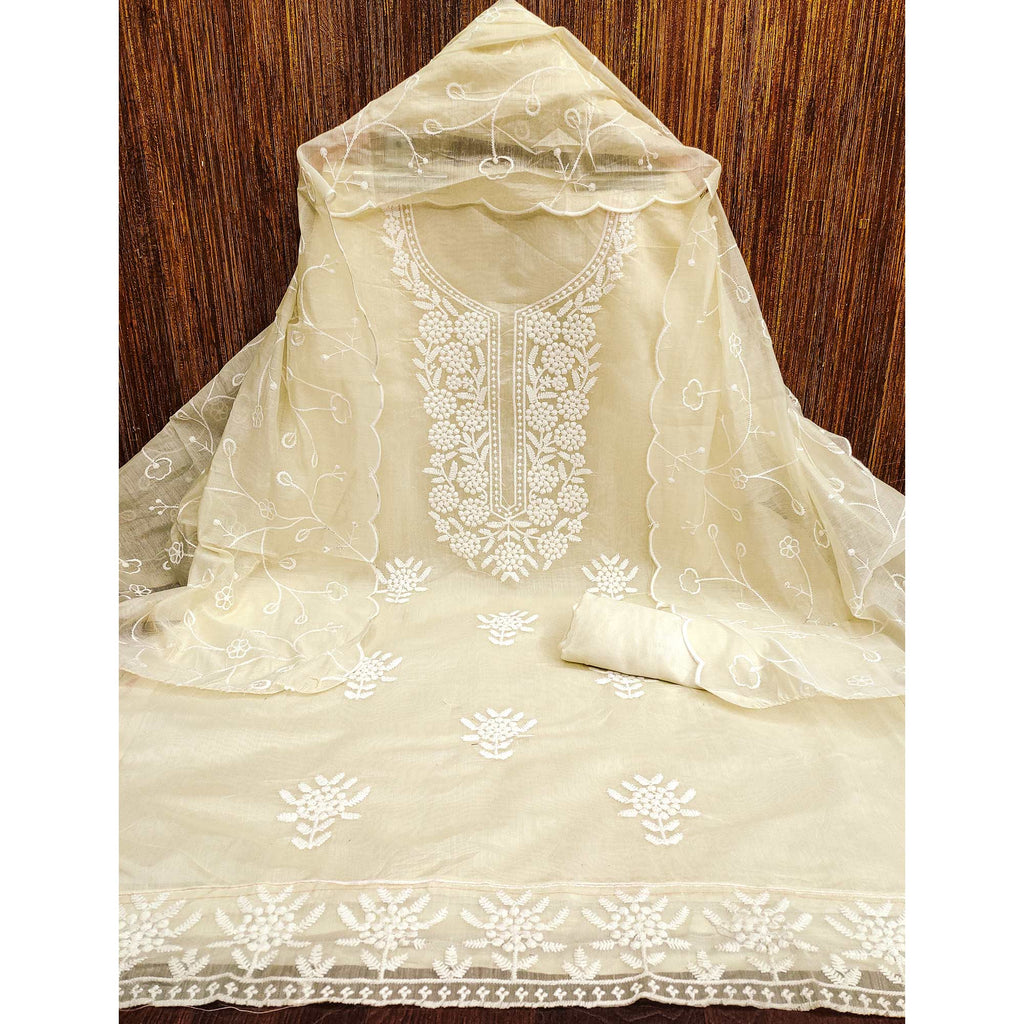 Cream Chanderi Silk Dress Material With Exquisite Floral Thread Embroidery