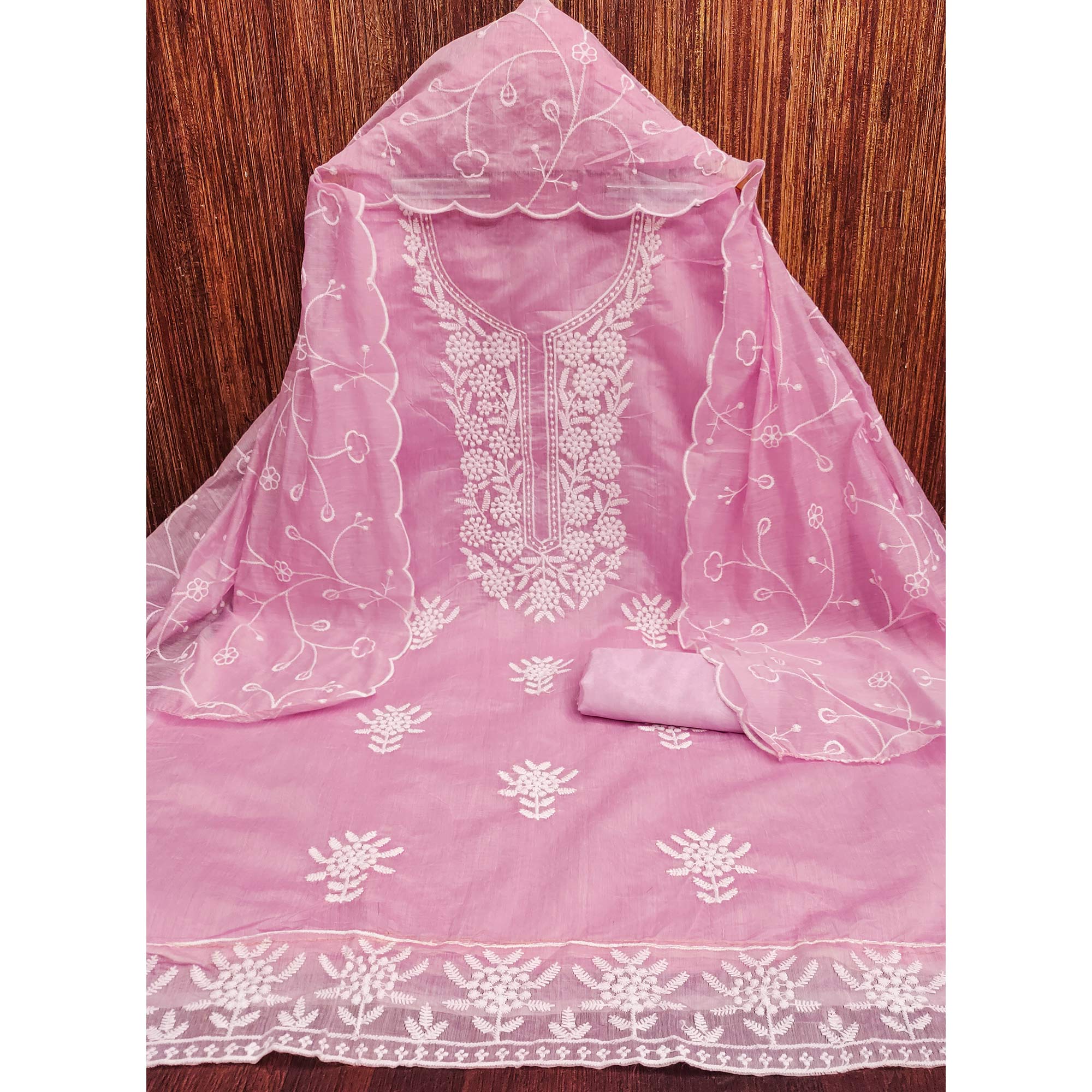 Pink Chanderi Silk Dress Material With Exquisite Floral Thread Embroidery
