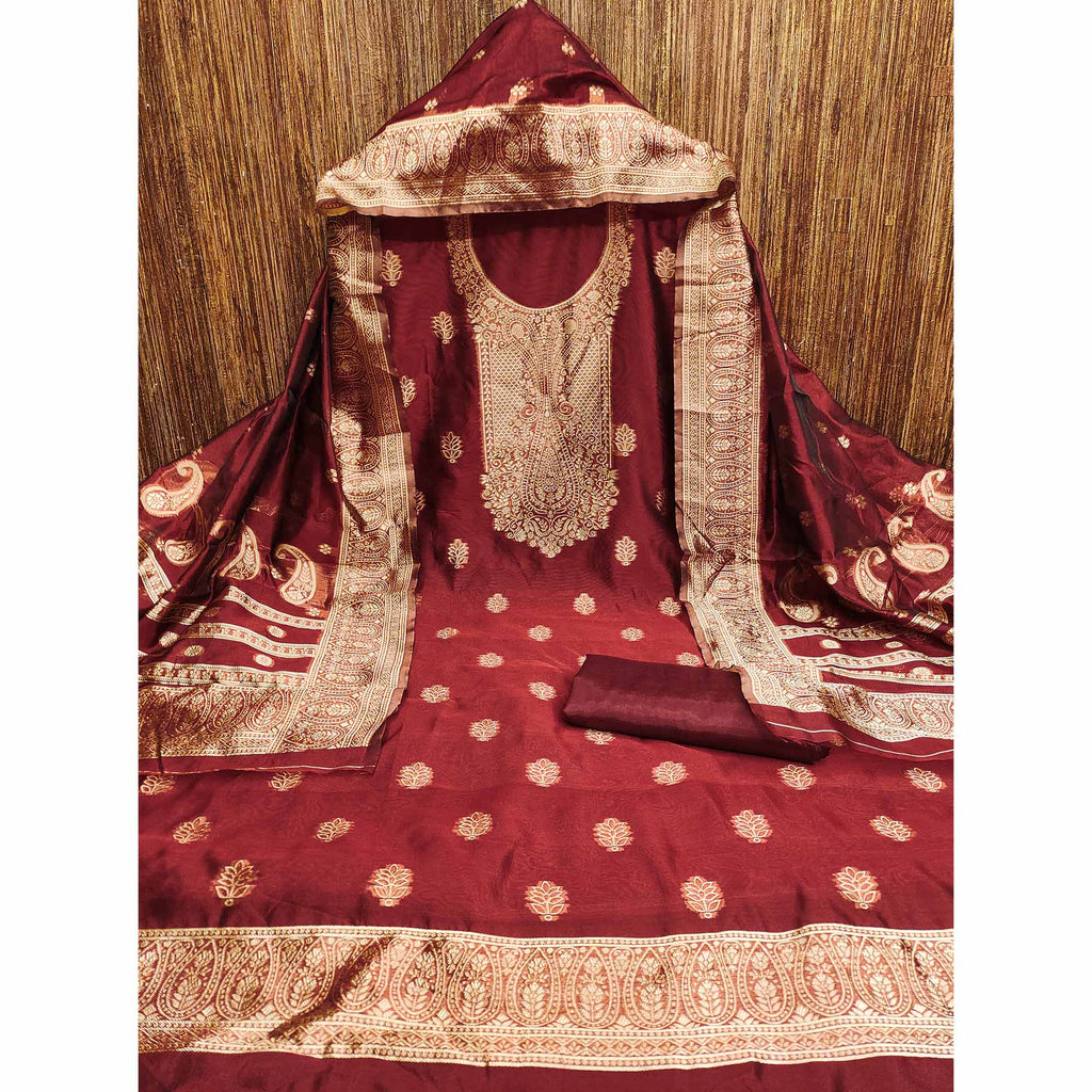 Maroon Zari Floral Jacquard Weaving on Shimmer Silk Dress Material